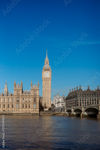 Big Ben and Houses of Parliament in London on a sunny day, Westminster cityscape, iconic UK landmark