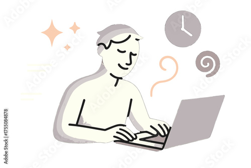 Silent Productivity Scene. Silent productivity. Glowing figure working in calm space while messages drift in background. Floating icons of sparkle, clock, and