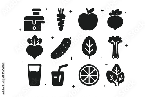 Juicing Icons Collection. Juicing process. Solid icons set of Juicing process: juicer, carrot, apple, orange, beet, cucumber, spinach leaf, celery, glass of