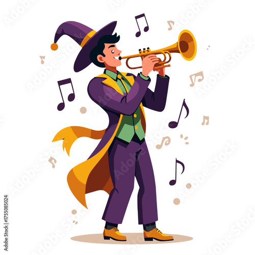Cartoon image of a trumpeter in a purple suit with musical notes on a white background
