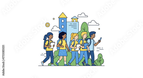 Group of diverse students walking together near buildings carrying books and backpacks.