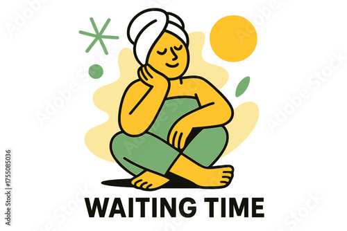 Patient Renewal. Waiting Time. A glowing person relaxing with towel wrapped around head, abstract spark and circle icons symbolizing patience and renewal.