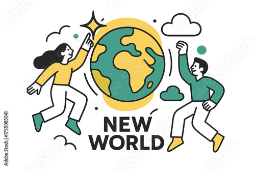 Abstract Planet Discovery. New World. A glowing planet with abstract continents, floating spark and cloud icons symbolizing discovery and life.