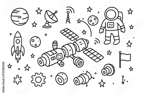 Space Station Doodles. Space station. Hand-drawn doodle illustration space station satellite dish, solar panel, antenna, module, rocket, astronaut, planet,