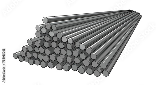 Stacked gray cylindrical metal rods industrial steel bars pile.