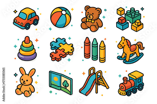 Little Adventures Icons. Little Adventures. Colorful isometric vector icons set of little adventures: toy car, ball, teddy bear, building blocks, stacking