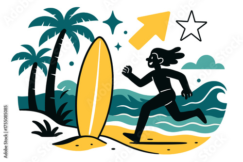 Glowing Surf Adventure. Surf vibes. Glowing surfboard resting in sand with palm trees and ocean waves behind. Floating icons of sparkle, arrow, and star