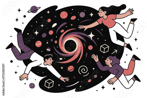 Dynamic Space Gravity. Deep space. Glowing black hole at center pulling in stars, planets, and light streams. Floating icons of sparkle, cube, and swirl