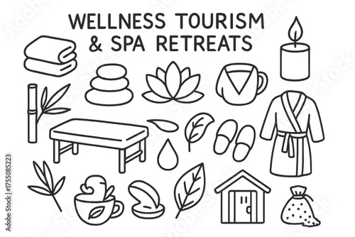 Spa Retreat Objects. Wellness Tourism and Spa Retreats. Hand-drawn doodle illustration wellness tourism and spa retreats towel, spa stones, lotus flower,