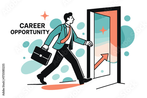 Path to Success. Career Opportunity. A glowing doorway opening with a professional walking toward it, abstract floating spark and arrow icons symbolizing new