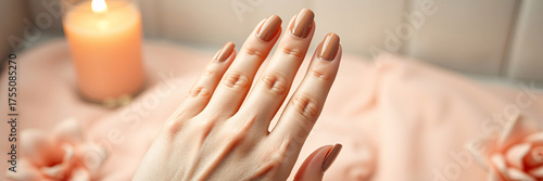Close-up of a female hand with a professional manicure featuring glossy brown nail polish on long oval-shaped nails against a soft blurred background