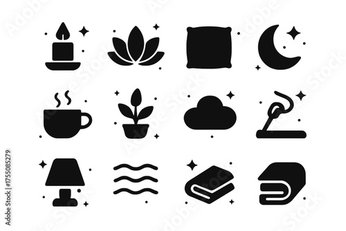 Mindful Icons Collection. Mindful space. Solid icons set of Mindful space: candle, lotus flower, pillow, blanket, moon, star, cup of tea, plant, cloud, incense