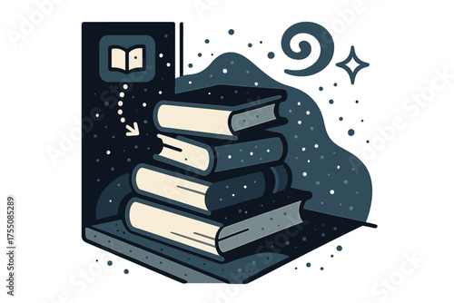 Glowing Dusty Books. Forgotten corner. Glowing books stacked unevenly on a shelf, covered in dust motes. Floating icons of book, swirl, and sparkle showing