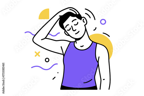 Neck Stretch Motion. Neck Stretch. Person gently tilting head to one side, floating abstract lines and shapes indicating calm motion, minimal post-workout