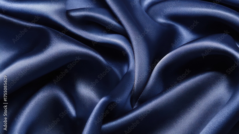 Fototapeta premium Soft dark blue silk fabric lies gracefully on a flat surface showcasing its rich texture and sheen. The gentle folds enhance the elegant appearance perfect for high-end fashion or decor.