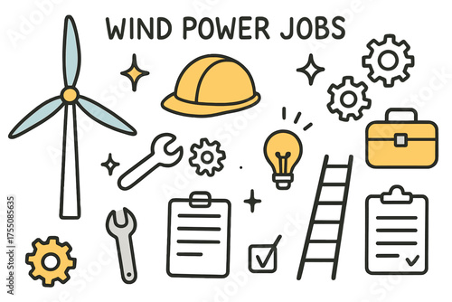 Wind Energy Doodle. Wind Power Jobs. Hand-drawn doodle illustration wind turbine (colored), worker helmet (colored), gears, sparkle, star, toolbox (colored),