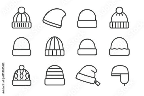 Winter Hat Icons. Winter hats. Line icon set of Winter hats: knitted beanie, slouchy beanie, cuffed beanie, pom-pom beanie, wool hat, ribbed beanie, folded
