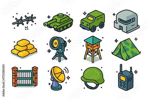 Defense Icon Set. Defense Zone. Colorful isometric vector icons set of defense zone: barbed wire, tank, armored truck, bunker, sandbags, spotlight, guard