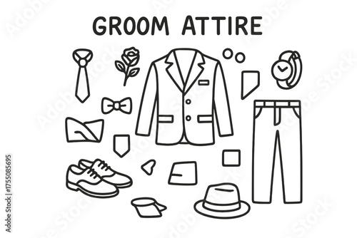 Groom Attire Doodles. Groom Attire. Hand-drawn doodle illustration Groom Attire suit tie jacket pants shoes boutonniere cufflinks watch bowtie pocket square
