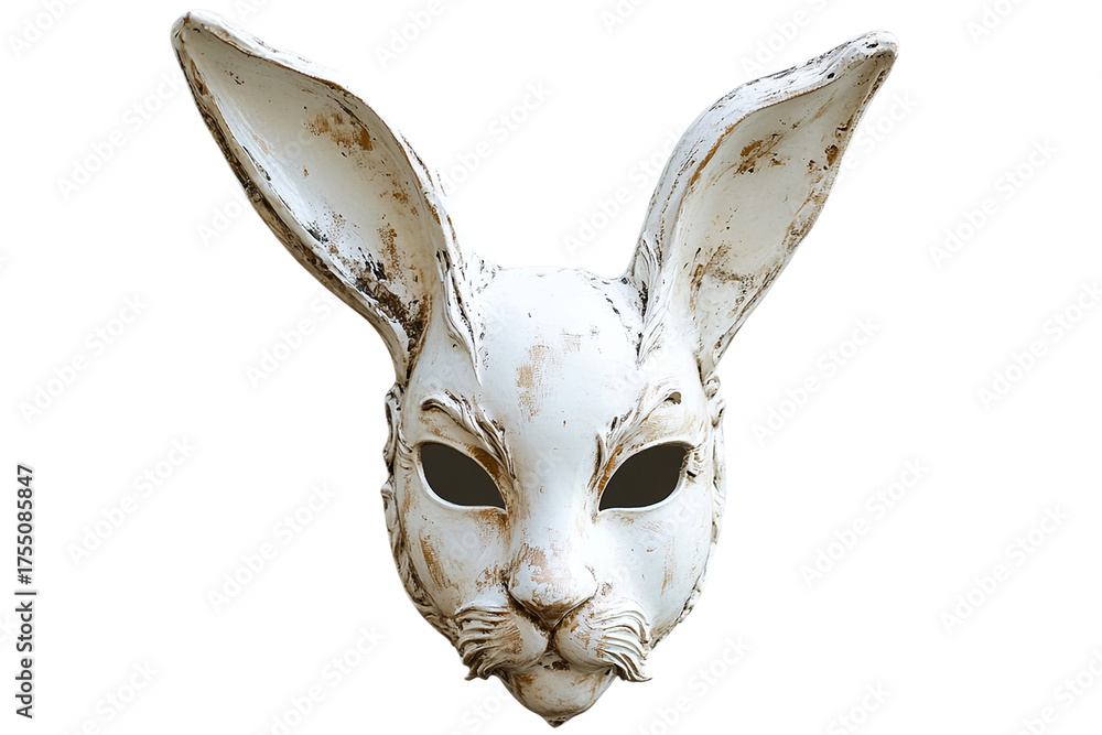Naklejka premium Distressed white rabbit mask with hollow eyes isolated on transparent background