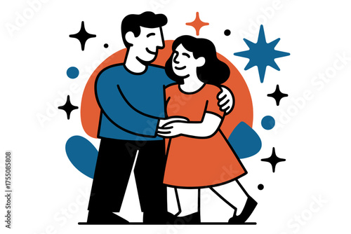 Eternal Starry Harmony. Togetherness. A glowing couple standing arm-in-arm under starlight, abstract floating spark and star icons symbolizing eternal harmony.