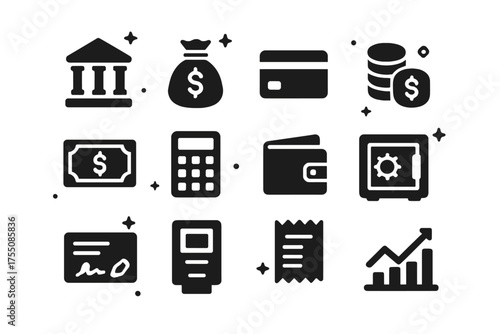 Finance Icons Set. Finance & Banking. Solid icons set of Finance & Banking: bank building, money bag, credit card, coins, cash, calculator, wallet, safe,