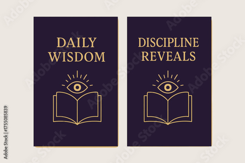 Mystical Wisdom Banners. Arcane knowledge. Two vertical A6 banners with safe margins, centered composition, no elements touching edges, mystical minimal style,
