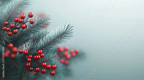 Soft-focus 3D background featuring red berries and pine branches, creating a festive and wintery holiday scene. Perfect for Christmas, seasonal greetings, and holiday-themed visuals.