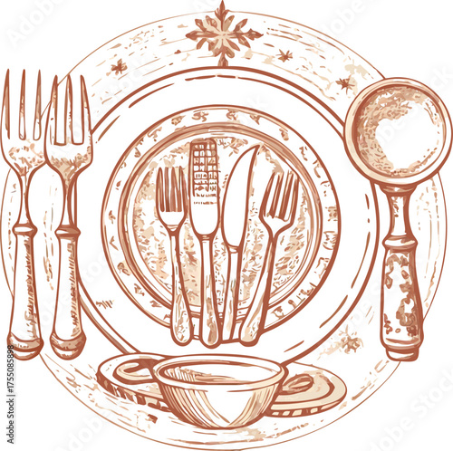 Charming hand-drawn kitchenware display featuring plates forks cups and ladle detailed sketch