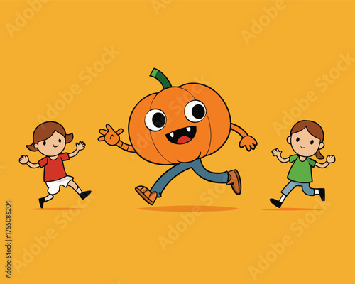 Pumpkin Monster Chasing Kids Halloween Cartoon | Funny Halloween Chase Scene Illustration