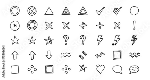 Collection of hand drawn doodle icons and symbols including checkmarks stars arrows hearts and geometric shapes
