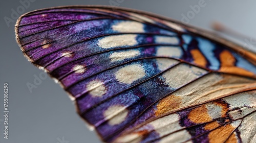   A blue-and-orange pattern adorns the back wing of a butterfly in a close-up photograph