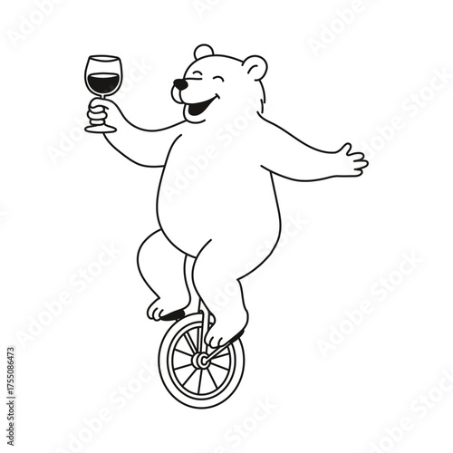 A cheerful bear rides a unicycle while holding a glass of wine, enjoying a fun and carefree moment. This illustration perfect for designs about fun, parties, or whimsical adventures.