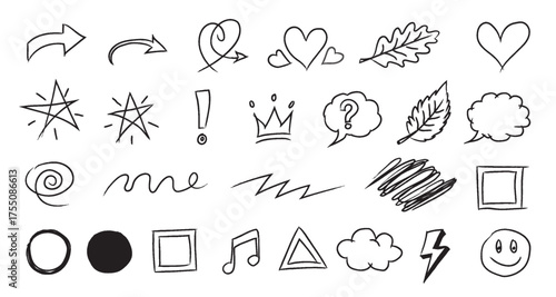 Collection of hand drawn doodle icons and symbols in black and white for creative design elements