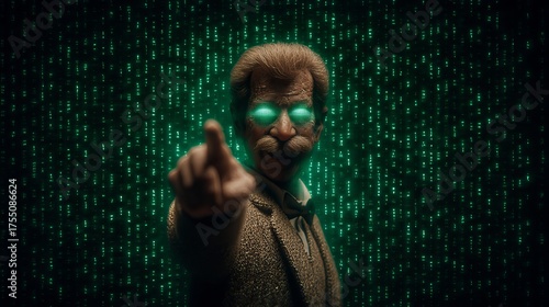 Cyberpunk elder pointing with glowing eyes in matrix code