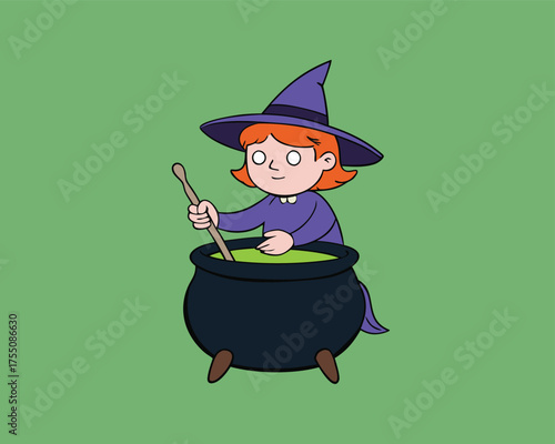 Witch Stirring Potion In Cauldron Halloween Art | Witch Brewing Magic In Pot Illustration