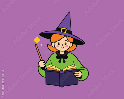 Young Witch Learning Spells Magical Illustration | Apprentice Witch Practicing Magic