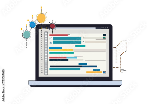 Laptop screen displaying colorful horizontal bar project timeline chart with checklist icons and abstract data visualization elements in flat minimalist vector style