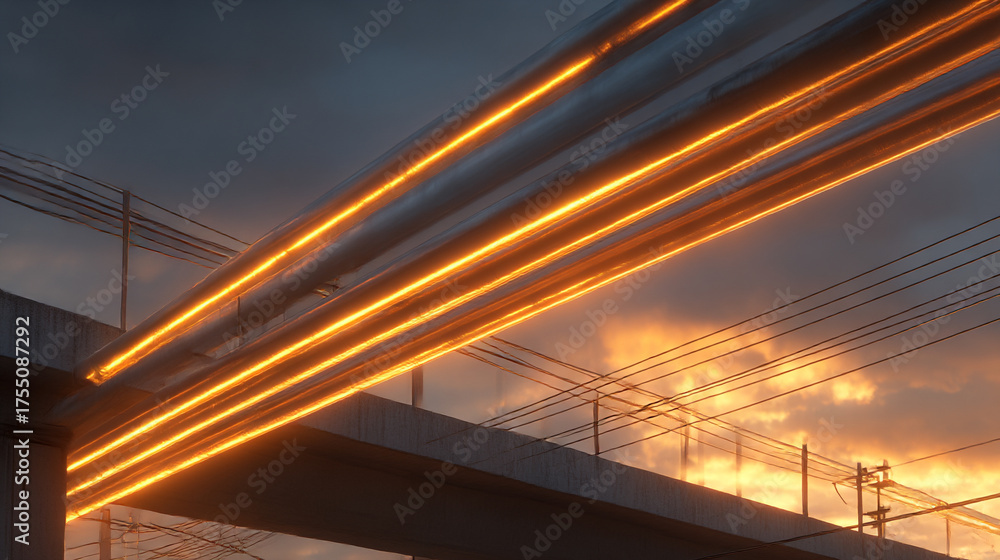 Obraz premium Hyperrealistic image of a metal pipe network glowing under the warm hues of sunset, symbolizing industrial beauty, energy flow, and the harmony between technology and nature’s fading light.