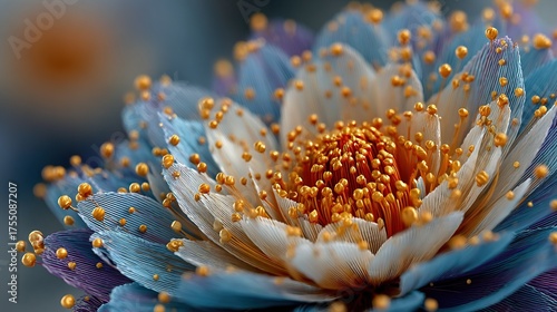  A close-up photo of a blue and white flower with yellow stamens