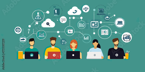 Business team collaborating on cloud computing and data analytics with laptops connected to digital network icons in flat vector style illustration