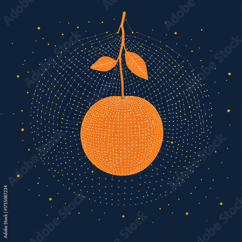 Orange fruit with two leaves suspended on interconnected dot and line network grid on dark background digital wireframe vector illustration for healthy food and nature concept
