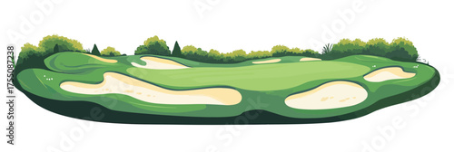 Golf course landscape with putting green and sand bunkers surrounded by trees and bushes isolated minimal flat vector illustration