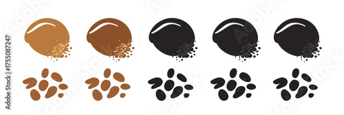 Coffee grind size chart with four different beans and powder stages showing extra coarse, coarse, medium, and fine ground coffee in flat minimalist style vector illustration
