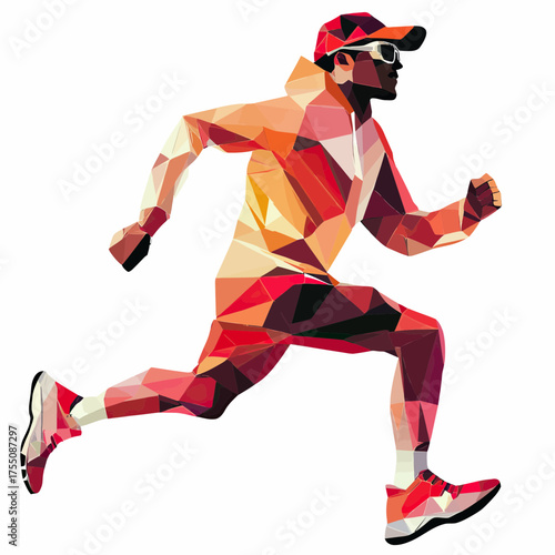 Polygonal low poly style vector illustration of a man in athletic gear and cap running fast in motion isolated on white background