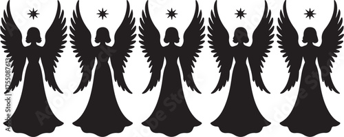 Black silhouettes of angels with stars festive holiday 