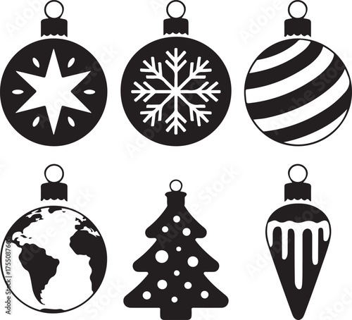 Collection of Black and White Christmas Ornaments Vector Illustration Set