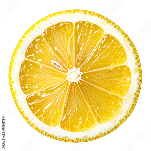 A close-up of a bright yellow, translucent lemon slice with segmented interior and rind