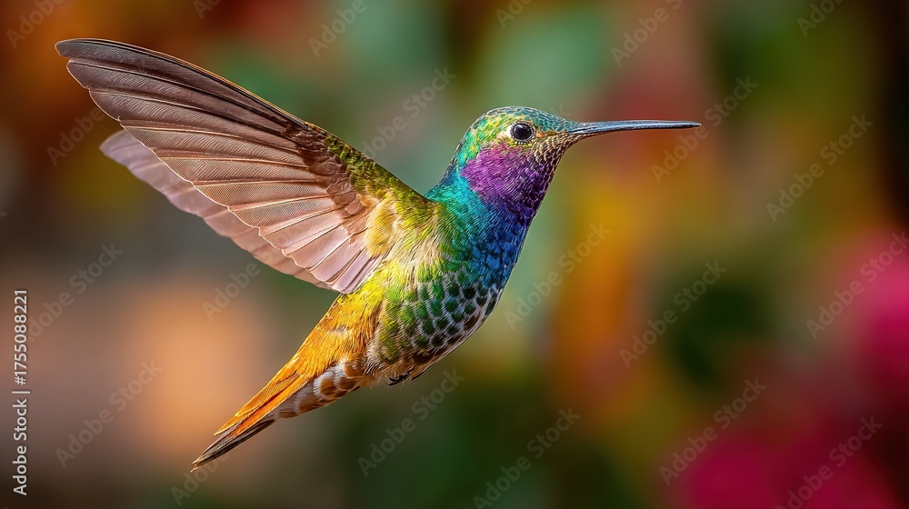 Fototapeta premium A vibrant hummingbird flutters through the air with its wings fully extended and a hazy backdrop