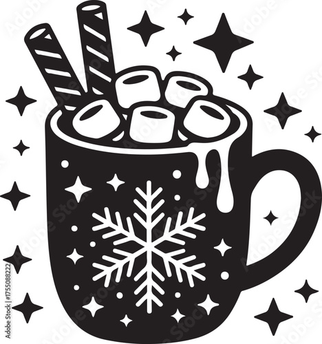 Cozy winter drink with marshmallows and wafers illustration in black